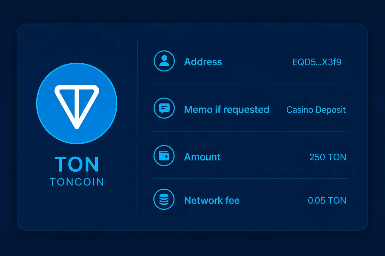 A Toncoin transfer review card with authentic TON diamond-in-circle symbol, lines "Address", "Memo if requested", "Amount", "Network fee" on deep blue glass-free flat UI, sharp readable cyan text